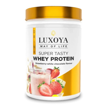 LUXOYA - SUPER TASTY WHEY PROTEIN - Prémium fehérje italpor 450 g PET - Eper-fehér csokoládé ízű