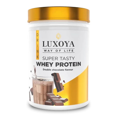 LUXOYA SUPER TASTY WHEY PROTEIN - PRÉMIUM FEHÉRJE ITALPOR 450 g PET - Dupla csokoládé ízű - VALÓDI CSOKIDARABOKKAL!