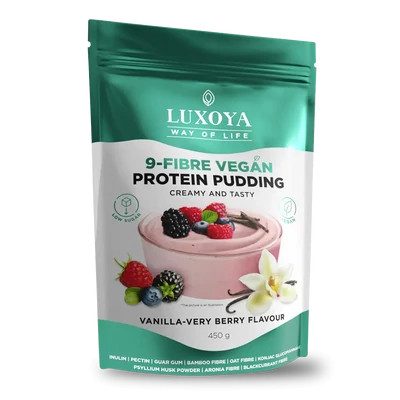 LUXOYA - 9-FIBRE VEGAN PROTEIN PUDDING - VEGÁN FEHÉRJÉT TARTALMAZÓ ROSTPUDING 450 g - Vanília-erdei gyümölcs
